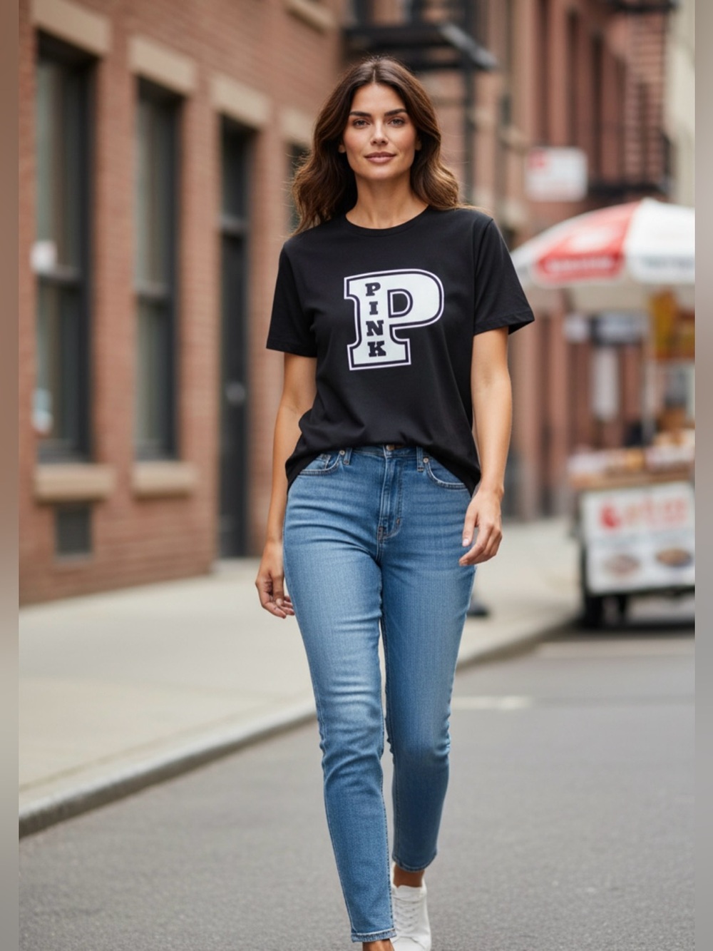 Victoria Secret PINK T Shirt Black Cream Logo Crew Neck Short Sleeve Campus Tee